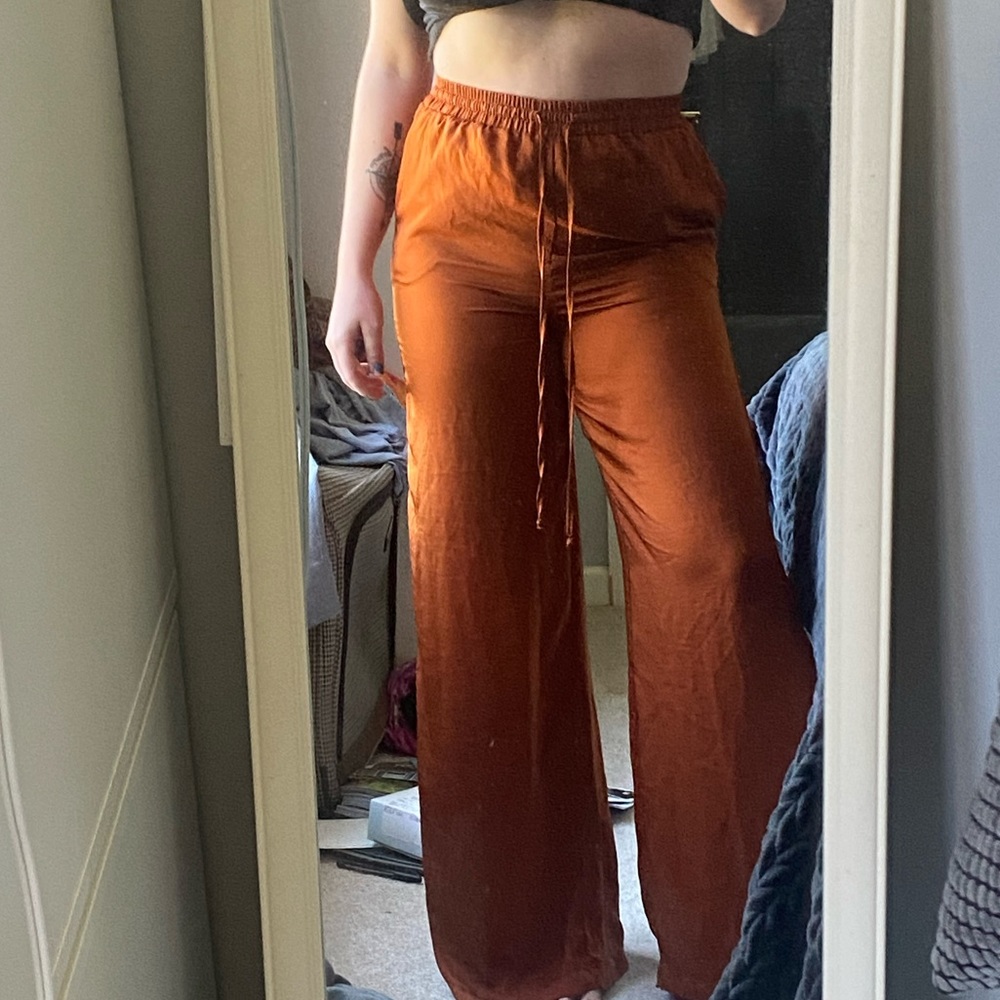 Orange silky satin wide leg pants
